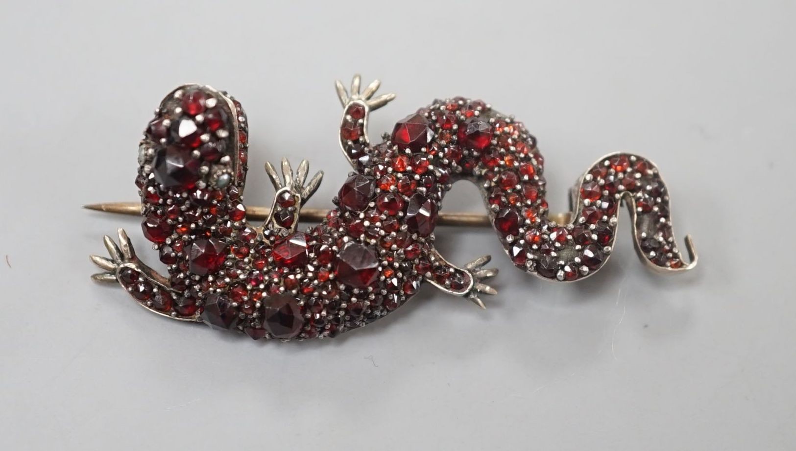 A Victorian gilt white metal and garnet cluster set lizard brooch, 49mm.